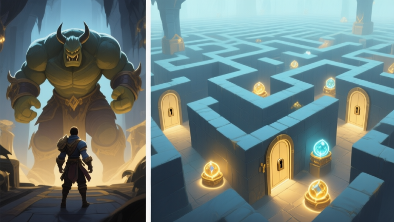 自动生成图片: Split-screen video game art, left side shows a character facing a final boss, right side shows a vast labyrinth of hidden paths, glowing collectibles, and locked doors, in a muted color palette with soft blues and golds high quality illustration, detailed, 16:9