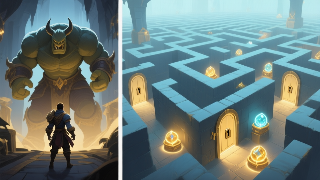 Split-screen video game art, left side shows a character facing a final boss, right side shows a vast labyrinth of hidden paths, glowing collectibles, and locked doors, in a muted color palette with soft blues and golds high quality illustration, detailed, 16:9