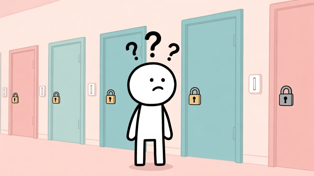 A minimalist illustration of a stick figure character looking confused in front of multiple locked doors and switches, with question marks floating above its head, soft pastel color palette high quality illustration, detailed, 16:9