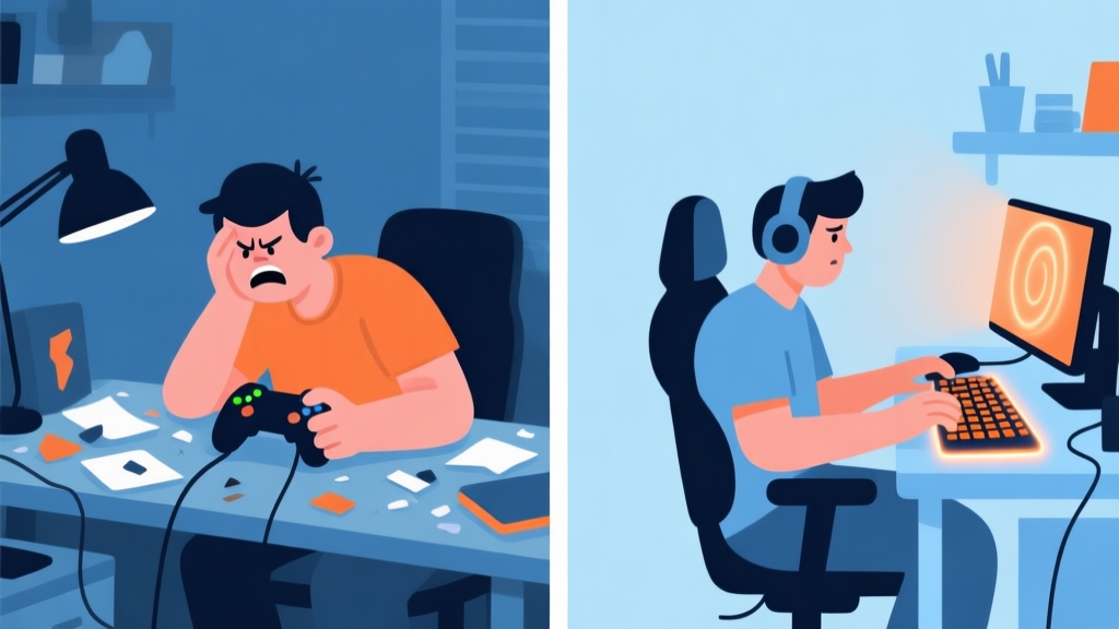 Split-screen illustration showing a frustrated gamer at a messy desk on the left, and a focused gamer with a clean setup and glowing keyboard on the right, in a minimalist vector art style with soft blue and orange accents high quality illustration, detailed, 16:9