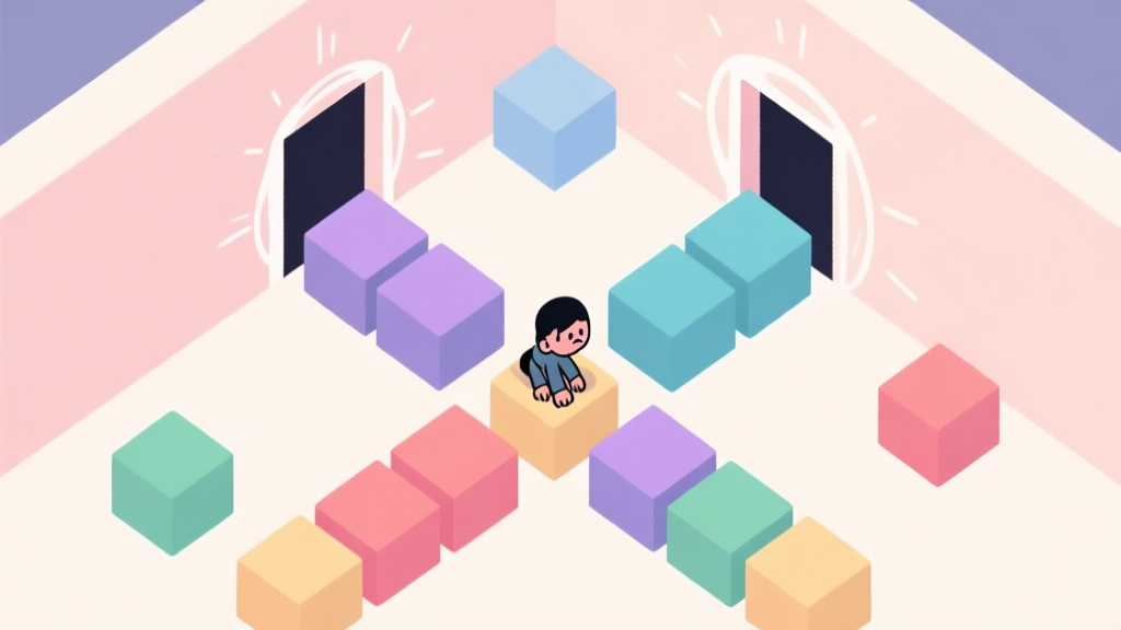 A top-down view of a minimalist puzzle game level showing a character stuck between colored blocks and portal walls, soft pastel color palette, clean lines, feeling of confusion high quality illustration, detailed, 16:9