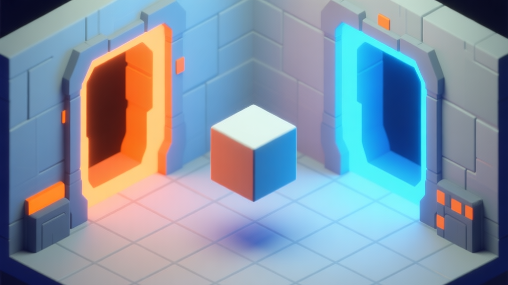 A stylized, isometric view of a Portal Pusher game level with glowing orange and blue portals on opposite walls, a cube suspended in mid-air between them, and subtle grid lines on the floor, in a soft color scheme of blues, greys, and orange accents high quality illustration, detailed, 16:9