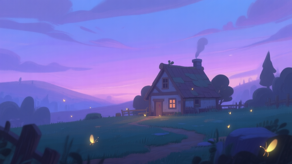 A serene, painterly landscape from an indie game, featuring a small cottage under a twilight sky with soft purples and blues, gentle fireflies glowing, in a calm and melancholic mood, soft color palette high quality illustration, detailed, 16:9