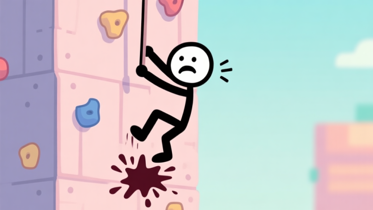 自动生成图片: A frustrated stick figure character falling from a climbing wall, with a comical "splat" effect at the bottom, soft pastel colors, minimalist game art style high quality illustration, detailed, 16:9