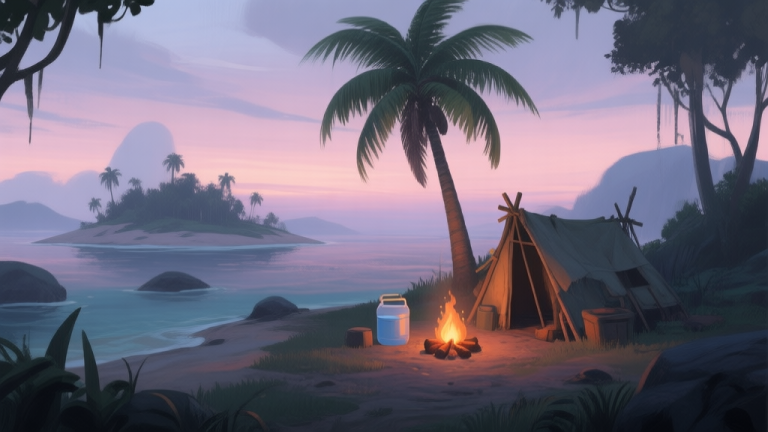 自动生成图片: A serene but slightly ominous view of a survival game island at dusk, with a small makeshift shelter near a palm tree, a campfire, and a water container, soft pastel colors, painterly style high quality illustration, detailed, 16:9