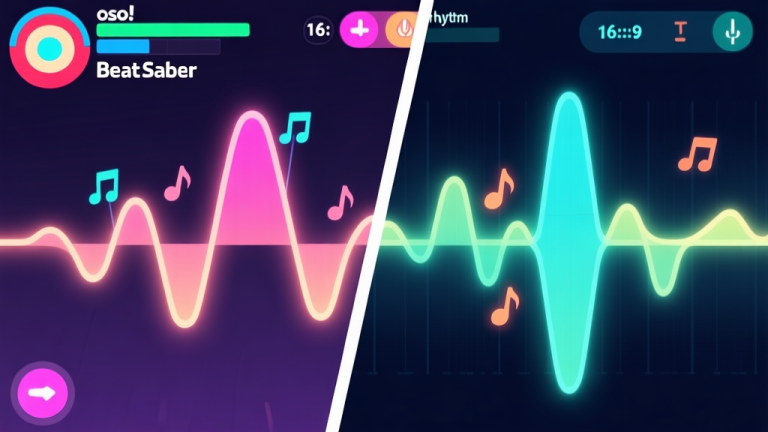 自动生成图片: A split-screen comparison showing a game rhythm screen (like osu! or Beat Saber) on one side and a simplified, colorful audio spectrum analyzer waveform on the other, with soft glowing lines connecting the peaks in the analyzer to upcoming notes in the game high quality illustration, detailed, 16:9