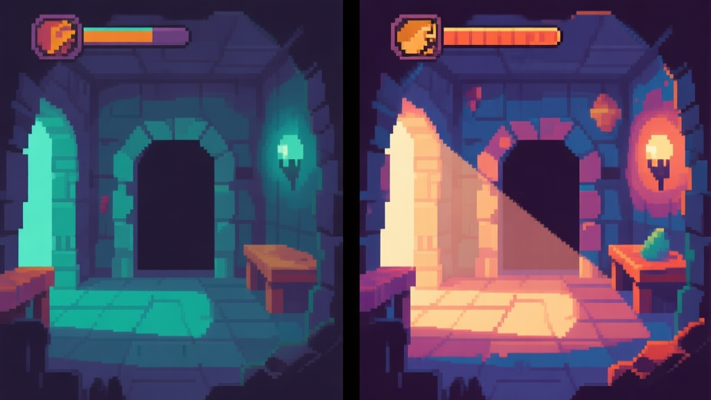 Side-by-side comparison of two pixel art game screenshots showing the same dungeon room, left side with simpler colors and sprites, right side with enhanced lighting, detailed shadows, and richer color palette, soft ambient glow high quality illustration, detailed, 16:9