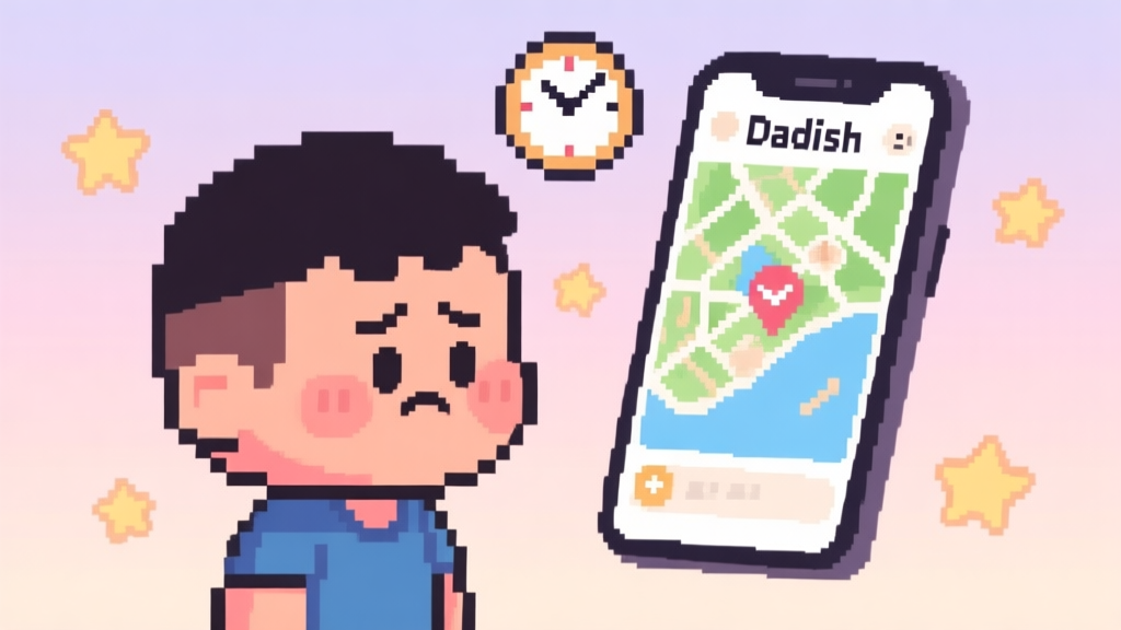 A cute, slightly frustrated pixel-art character (Dadish) looking at a complex daily challenge map on a phone screen, with a clock icon ticking and stars floating in the background, soft pastel colors high quality illustration, detailed, 16:9