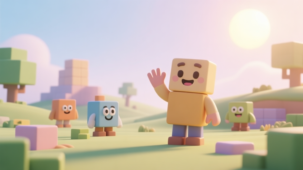 A welcoming, soft-colored 3D scene of a simple Blockins landscape with a few friendly-looking block characters, one waving at the viewer, morning sun lighting, peaceful and inviting atmosphere high quality illustration, detailed, 16:9