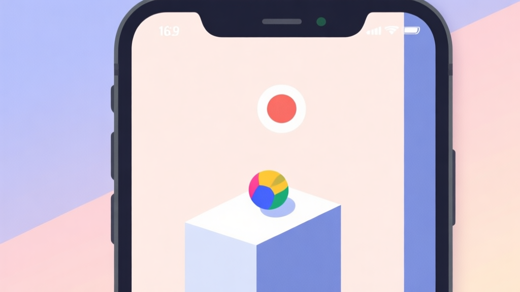 A minimalist smartphone screen showing a simple one-button bounce game, with a colorful ball mid-bounce against a clean geometric obstacle, soft pastel background, flat design style high quality illustration, detailed, 16:9