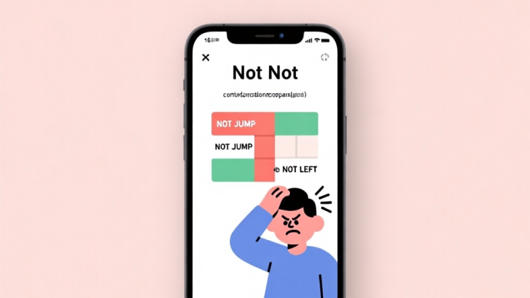 自动生成图片: A minimalist, clean illustration of a smartphone screen showing a confusing 'Not Not' game puzzle with contradictory commands like 'NOT JUMP' and 'NOT NOT LEFT', with a frustrated cartoon character scratching its head, in a soft pastel color palette high quality illustration, detailed, 16:9