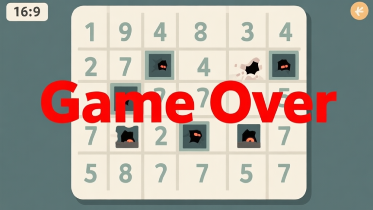 自动生成图片: A frustrating game puzzle screen showing a grid with numbers and hidden mines, a red "Game Over" text overlay, in a clean flat design with muted colors high quality illustration, detailed, 16:9