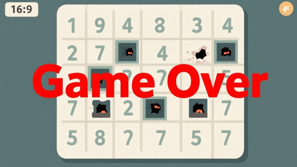 A frustrating game puzzle screen showing a grid with numbers and hidden mines, a red "Game Over" text overlay, in a clean flat design with muted colors high quality illustration, detailed, 16:9