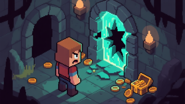自动生成图片: A frustrated video game character standing in a dark dungeon, looking at a broken, glitching magical portal on a stone wall, with loot scattered on the floor. Style of isometric RPG game art, muted colors. high quality illustration, detailed, 16:9