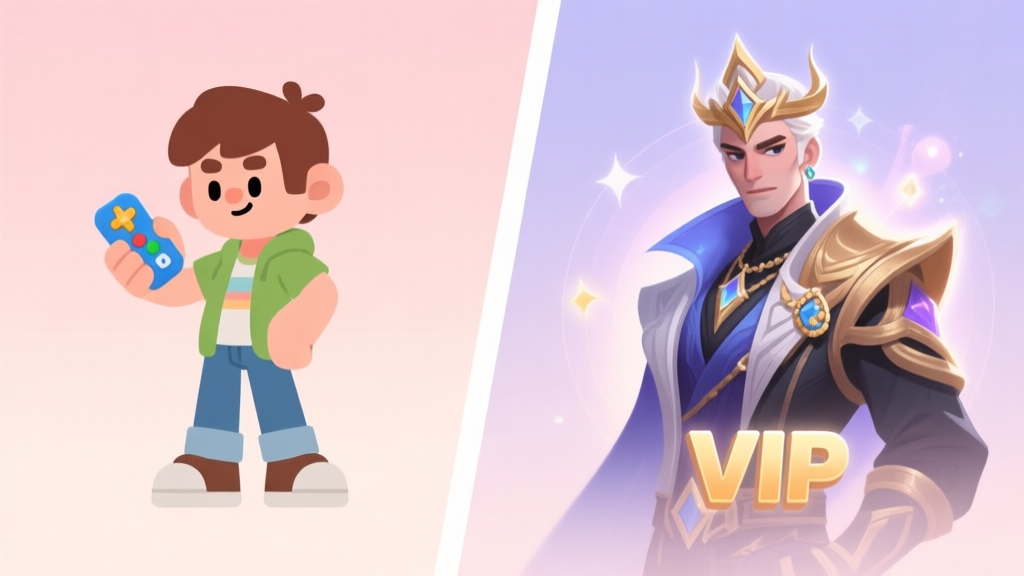 A split-screen illustration showing a casual game character on one side and a premium VIP character with subtle visual effects and exclusive accessories on the other, soft pastel background, clean lines high quality illustration, detailed, 16:9