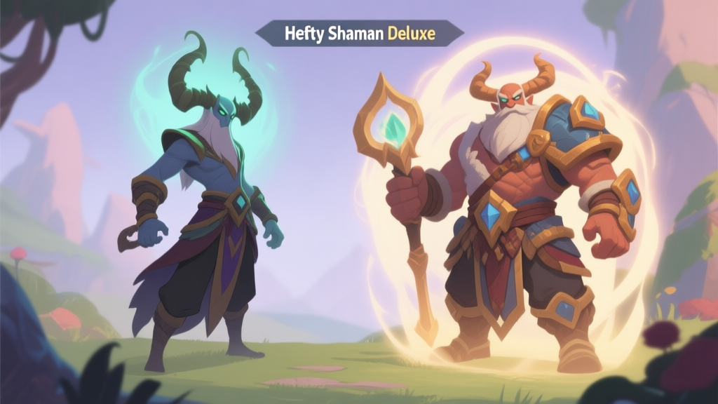 A stylized, side-by-side comparison of a default shaman character versus the 'Hefty Shaman Deluxe' version in a fantasy game setting, showing visual upgrades and aura effects, soft color palette, clean illustration high quality illustration, detailed, 16:9