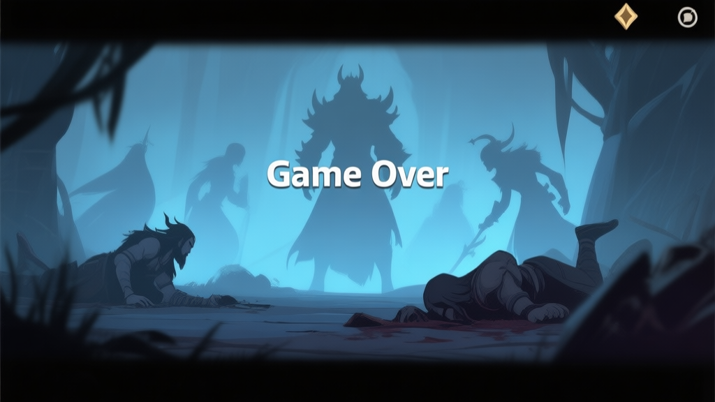 A dimly lit game screen showing a "Game Over" message, with faint silhouettes of fallen fantasy characters in the background, soft blue and grey color palette, evoking a moment of quiet defeat and reflection high quality illustration, detailed, 16:9