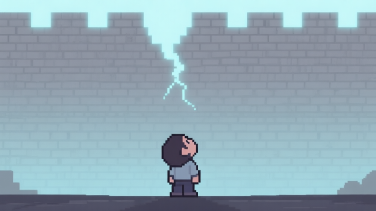 自动生成图片: A stylized, minimalist illustration of a video game character looking up at a massive, imposing brick wall that fades into pixels at the top. The wall has a faint, glowing crack. Soft, muted color palette of greys and blues. high quality illustration, detailed, 16:9