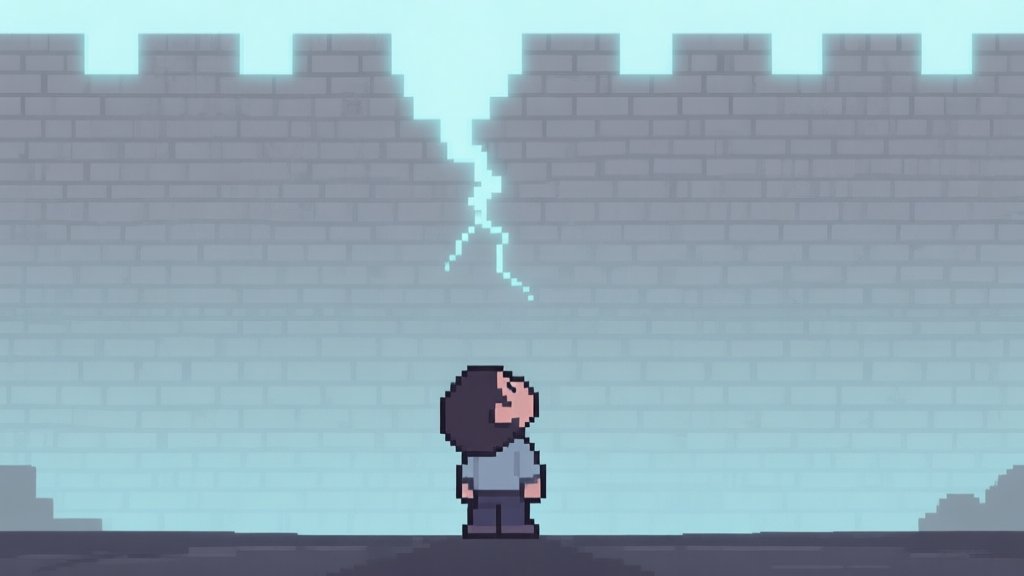 A stylized, minimalist illustration of a video game character looking up at a massive, imposing brick wall that fades into pixels at the top. The wall has a faint, glowing crack. Soft, muted color palette of greys and blues. high quality illustration, detailed, 16:9
