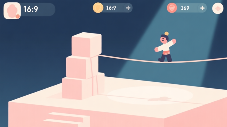 自动生成图片: A minimalist game interface showing a simple stage with a stack of blocks and a character on a tightrope, soft pastel colors, clean lines, flat design style high quality illustration, detailed, 16:9