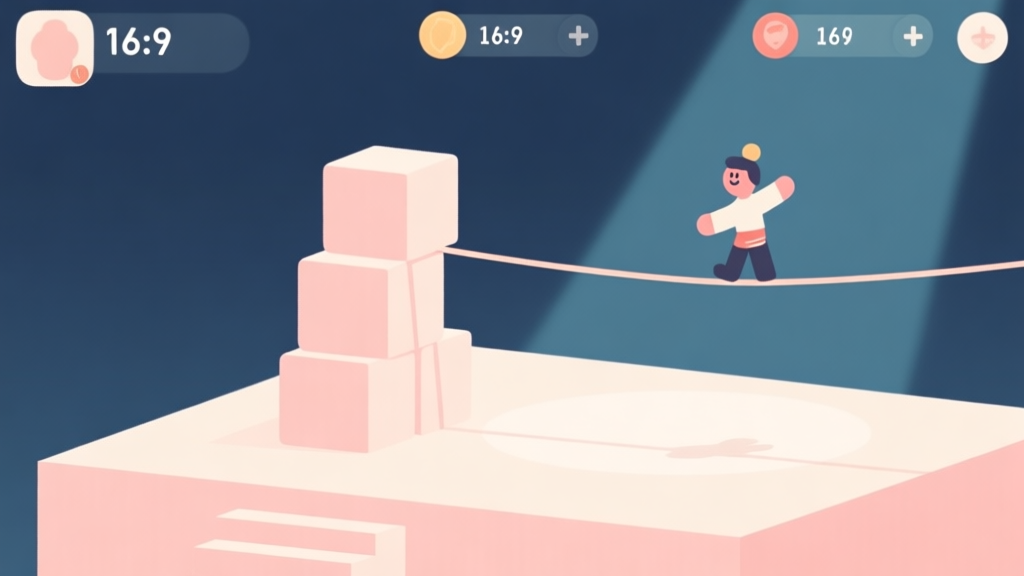 A minimalist game interface showing a simple stage with a stack of blocks and a character on a tightrope, soft pastel colors, clean lines, flat design style high quality illustration, detailed, 16:9