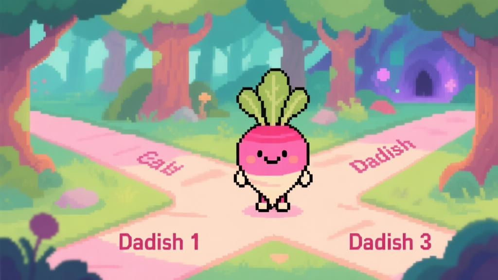 A cute, smiling radish character (Dadish) standing at a crossroads in a vibrant pixel-art forest, with one path looking familiar (like Dadish 1) and another path leading to new, mysterious landscapes (representing Dadish 3), soft pastel color palette high quality illustration, detailed, 16:9