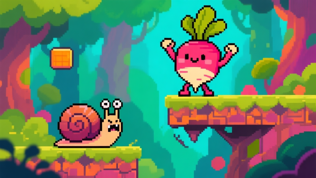 A cute, pixel-art radish character (Dadish) standing triumphantly on a precarious platform in a vibrant, colorful forest level, with a menacing snail enemy approaching from the left, in a playful 2D platformer game style high quality illustration, detailed, 16:9
