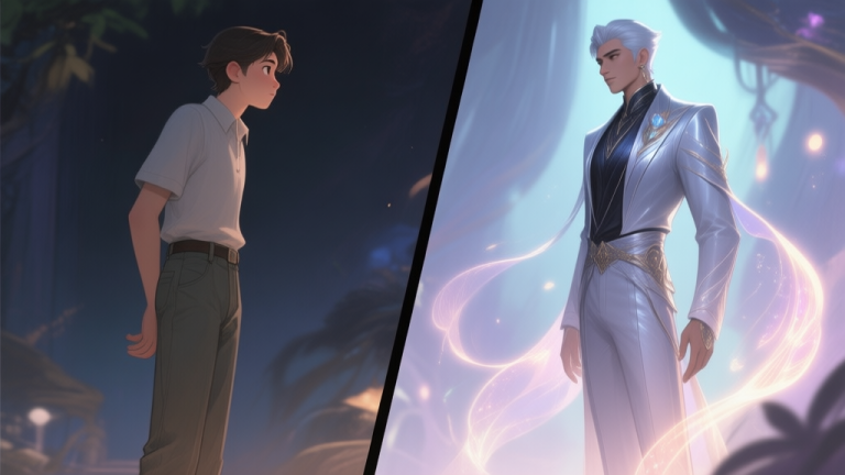 自动生成图片: A split-screen game scene showing a character with ordinary pants on the left looking enviously at a character on the right wearing sleek, stylish 'Celana Mewah 2' with subtle glowing effects, soft fantasy lighting, painted digital art style high quality illustration, detailed, 16:9