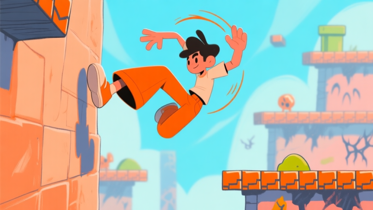 自动生成图片: A dynamic 2D side-scroller scene with a stylized character in orange pants performing a wall jump and mid-air spin, against a vibrant, hand-drawn background of platforms and hazards, soft color palette with pops of orange and blue high quality illustration, detailed, 16:9