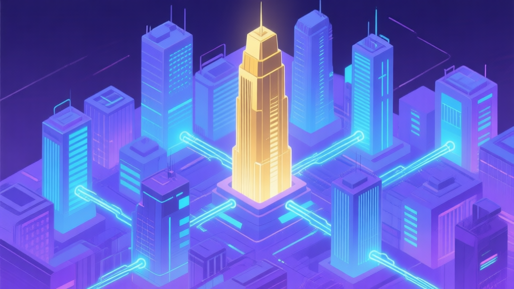 A stylized, isometric view of a futuristic city skyline with glowing digital wires connecting various towers, representing the Skywire network. Soft neon blue and purple color scheme, with one central tower highlighted in gold. high quality illustration, detailed, 16:9
