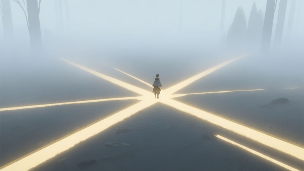 A minimalist, contemplative game scene showing a character at a crossroads with multiple glowing paths branching into fog, in a soft, muted color palette of greys, blues, and gentle gold high quality illustration, detailed, 16:9
