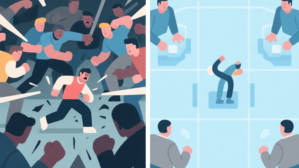 A split-screen game illustration showing two contrasting scenes. Left side: chaotic team fight with one player struggling. Right side: organized team with a flexible player seamlessly switching roles, flat design style with soft blues and grays high quality illustration, detailed, 16:9