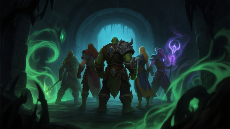 自动生成图片: A tense scene inside a dark, glowing dungeon. A diverse party of fantasy adventurers (tank, healer, dps) is back-to-back, surrounded by swirling magical hazards and ominous shadows, light and dark contrast, digital painting style high quality illustration, detailed, 16:9
