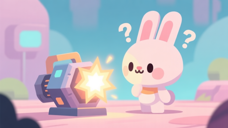 自动生成图片: A cute, stylized bunny character in a soft pastel game environment looking curiously at a glowing, geometric explosive device, with subtle question marks around its head, flat design style high quality illustration, detailed, 16:9