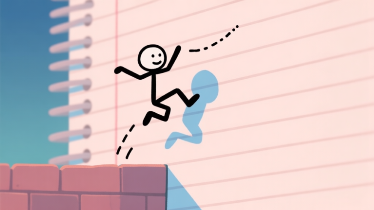 自动生成图片: A stylized, playful 2D side-scroller scene showing a simple stick-figure character mid-air, performing a wall jump off a notebook-paper textured wall, with dashed lines indicating momentum and trajectory, in a soft pastel color palette high quality illustration, detailed, 16:9