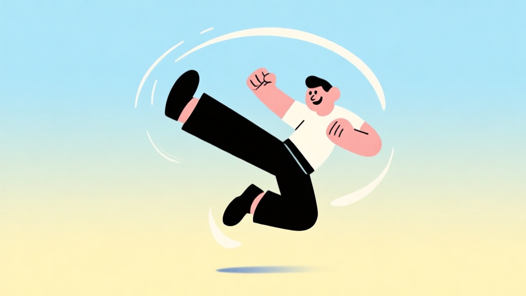 A stylized, minimalist illustration of the iconic Fancy Pants character mid-air, performing a dynamic spin kick against a soft gradient background of pastel blues and yellows, capturing fluid motion and simple joy high quality illustration, detailed, 16:9