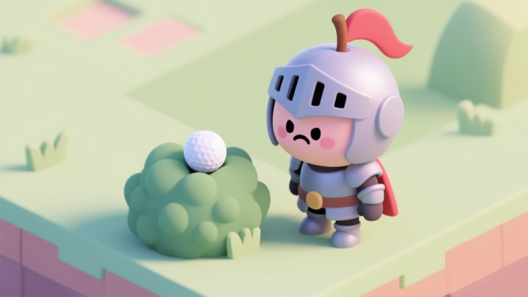 自动生成图片: A cute, frustrated apple knight character in simple armor looking at a golf ball stuck in a bush, soft pastel colors, isometric game view, clean lines high quality illustration, detailed, 16:9