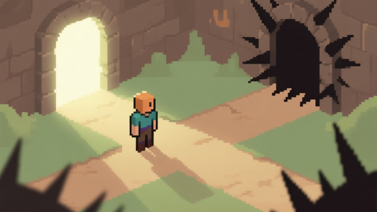 自动生成图片: A minimalist side-view of a tiny pixelated hero standing at a dungeon crossroads, one path glowing softly, the other dark and spiky, soft earthy color palette with muted greens and browns high quality illustration, detailed, 16:9