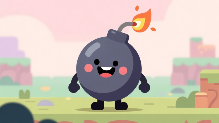 自动生成图片: A friendly, stylized cartoon bomb character with a smiling face and a lit fuse, set against a soft pastel background of game terrain, flat design style high quality illustration, detailed, 16:9