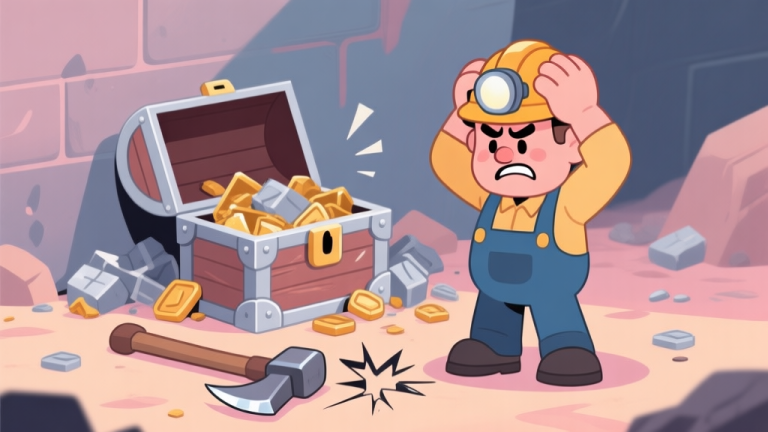 自动生成图片: A frustrated cartoon miner character scratching their head in front of a messy, half-empty resource chest, with a broken pickaxe on the ground, soft pastel color palette high quality illustration, detailed, 16:9
