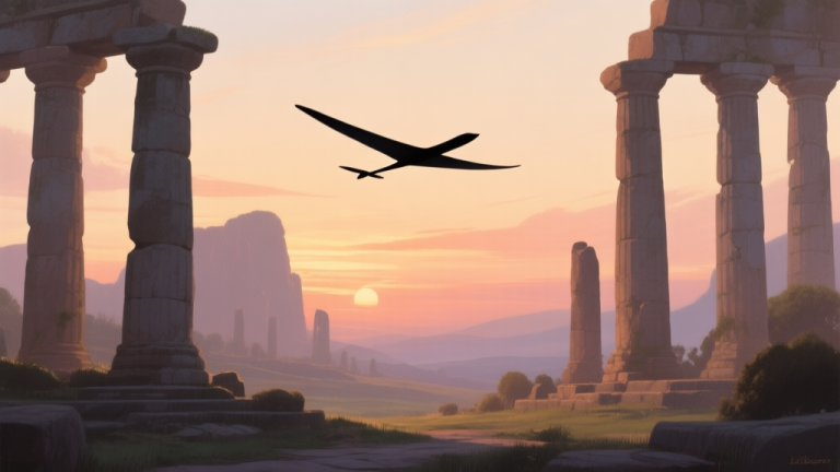 自动生成图片: A serene, painterly landscape of ancient temple ruins at sunset, with a lone glider silhouette gracefully soaring between stone pillars, soft warm color palette, sense of freedom and mastery high quality illustration, detailed, 16:9