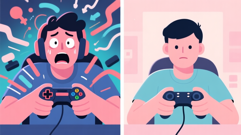 Split-screen illustration showing contrast between a panicked gamer with chaotic controller inputs and a calm gamer with precise, intentional inputs, in a soft pastel color scheme high quality illustration, detailed, 16:9