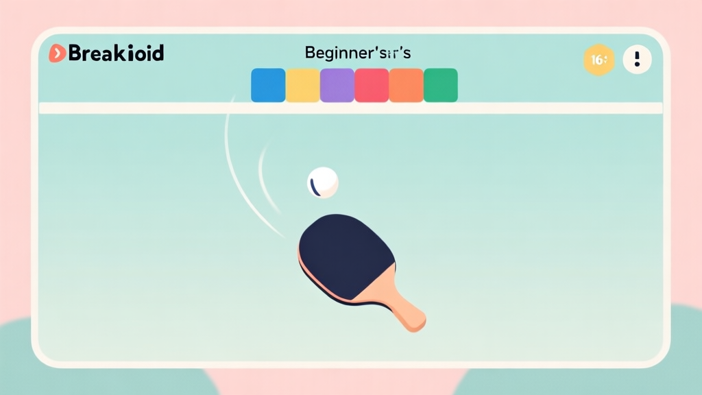A minimalist, clean illustration of a Breakoid game screen from a beginner's perspective. The paddle is centered, a single ball is in motion, and a few colorful blocks are arranged at the top. Soft pastel color scheme with a focus on clarity and simple shapes. high quality illustration, detailed, 16:9