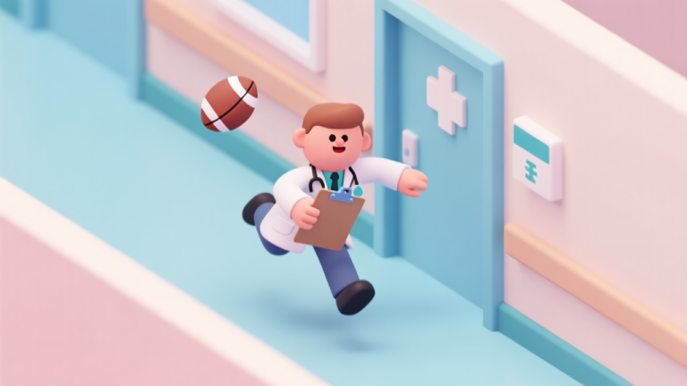自动生成图片: A playful, isometric view of a cartoon hospital corridor, a doctor character holding a clipboard while dodging a rugby ball mid-air, soft pastel colors, flat design style high quality illustration, detailed, 16:9