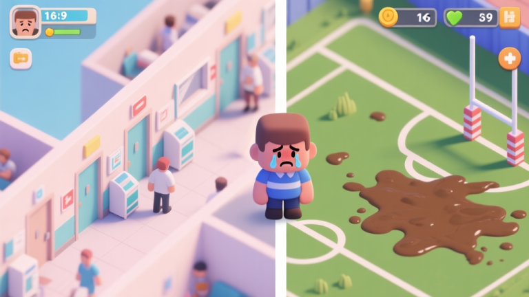 自动生成图片: Split-screen game interface showing a busy hospital corridor on one side and a muddy rugby field on the other, with a stressed avatar in the middle, soft pastel color palette, isometric view high quality illustration, detailed, 16:9
