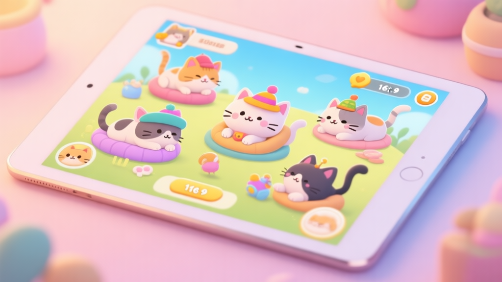 A vibrant, cozy mobile game screenshot showing a digital tablet screen with various cute cartoon cats lounging and playing, some with unique hats or accessories, soft pastel background, inviting and warm atmosphere high quality illustration, detailed, 16:9