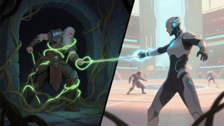自动生成图片: A split-screen illustration showing two contrasting game scenes. Left side: a fantasy warrior entangled by glowing vines in a dark dungeon. Right side: a sleek sci-fi character using a energy tether to pull an enemy in a futuristic arena. Soft, muted color palette with highlights on the restraining elements. high quality illustration, detailed, 16:9