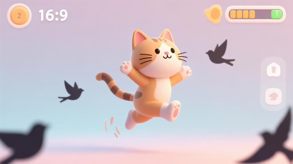 A cute, stylized 3D render of a cartoon cat mid-jump against a soft pastel background, with simple UI elements like a score counter and bird silhouettes floating around, in a gentle color palette high quality illustration, detailed, 16:9