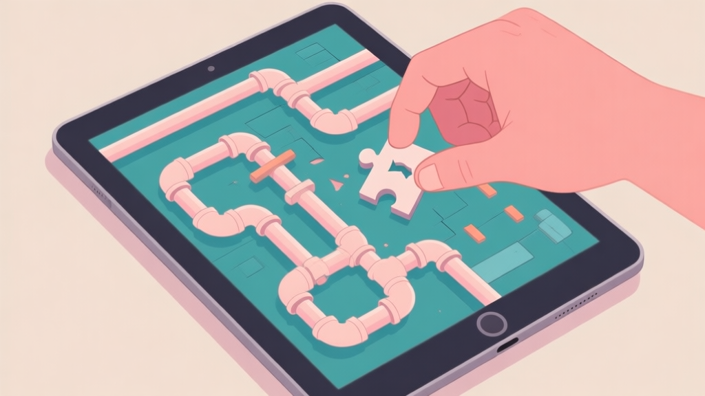 A top-down view of a complex, unfinished pipe puzzle on a digital tablet, with a frustrated hand hovering over a wrong piece, soft pastel colors for the pipes and a muted background high quality illustration, detailed, 16:9