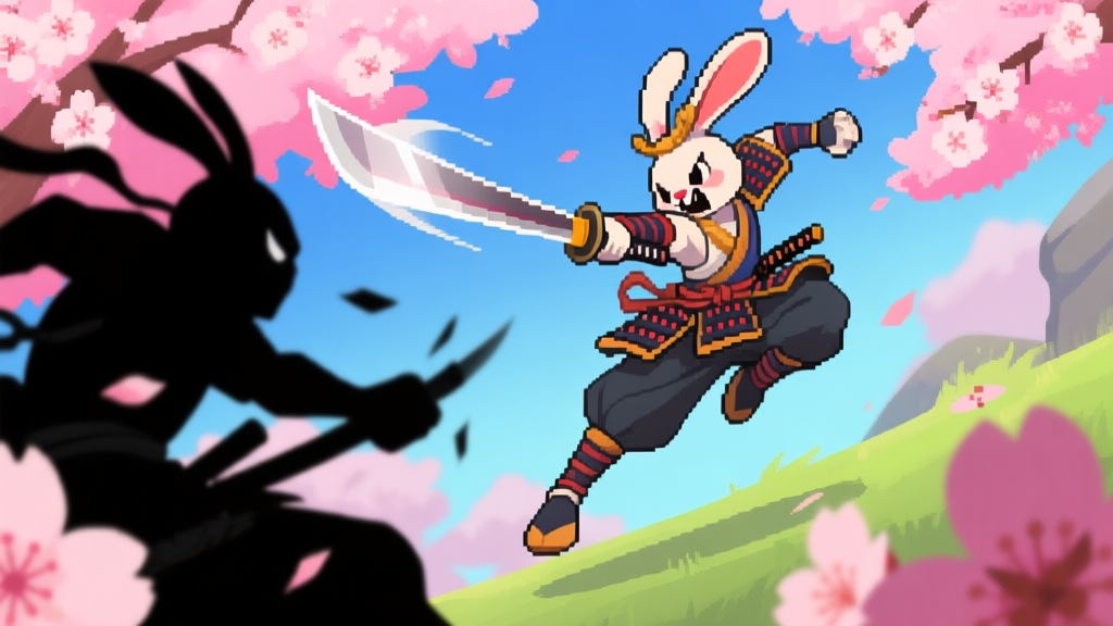 A dynamic scene of the Rabbit Samurai character in mid-air, executing a swift katana slash against a shadowy foe, cel-shaded art style, vibrant cherry blossoms in the background, action game aesthetic high quality illustration, detailed, 16:9
